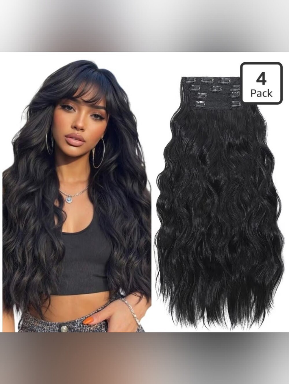 Wavy Clip in Hair Extensions 4 Pieces Natural Black 24" Synthetic